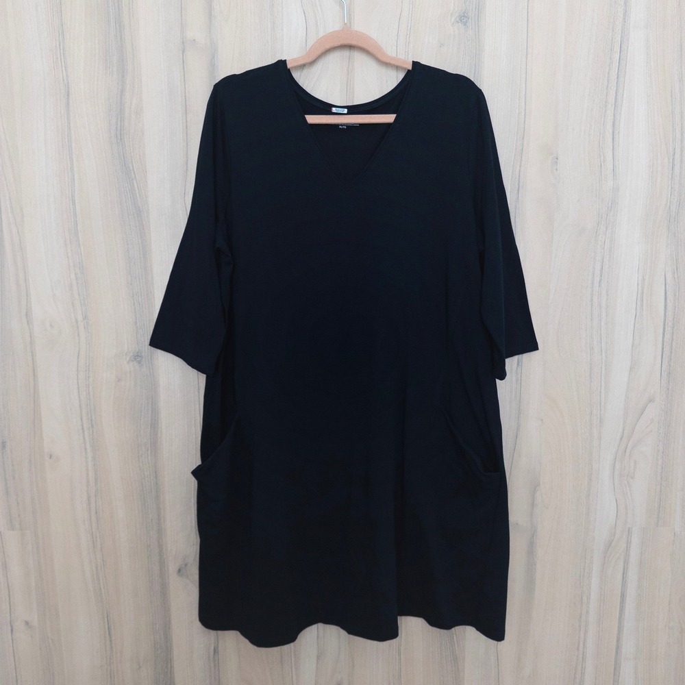 Eileen Fisher Womens T-Shirt Dress XL Black V-Neck Organic Cotton Quiet Luxury